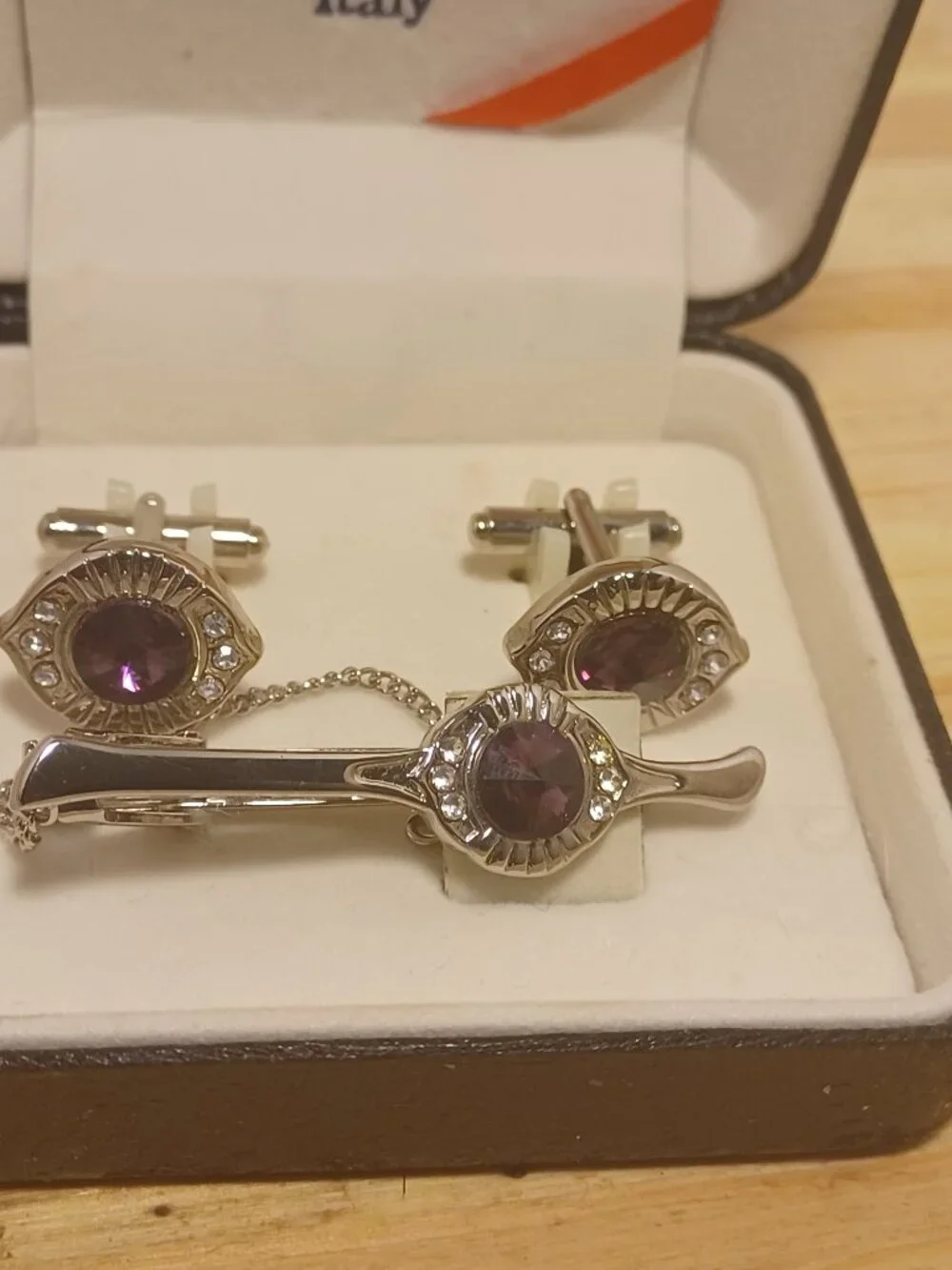 Vintage Glass and Rhinestones Cuff Links with Tie -Clip